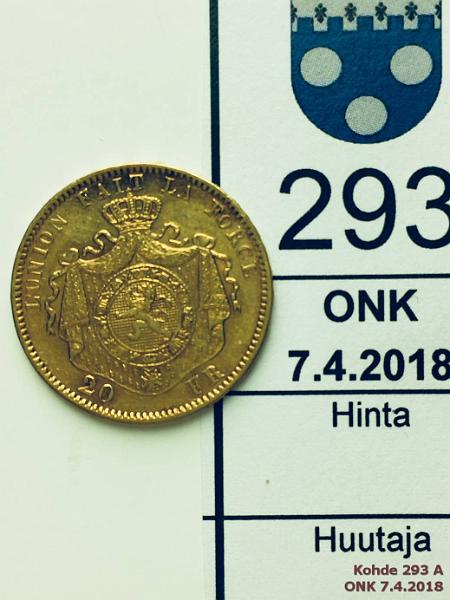 k-0293-a.jpg - Kohde 293 (kuva 1/2), lhthinta: 180 € / myyntihinta: 185 € Belgia 20 franc 1877 KM#37 Au, 6,451g/900, epij, kunto: 9