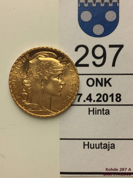 k-0297-a.jpg - Kohde 297 (kuva 1/2), lhthinta: 180 € / myyntihinta: 190 € Ranska 20 franc 1913 KM#857 Au, 6,45g/900, kunto: 9