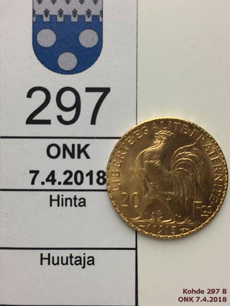 k-0297-b.jpg - Kohde 297 (kuva 2/2), lhthinta: 180 € / myyntihinta: 190 € Ranska 20 franc 1913 KM#857 Au, 6,45g/900, kunto: 9