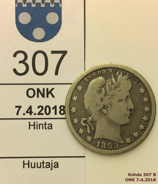 k-0307-b.jpg - Kohde 307 (kuva 2/2), lhthinta: 5 € / myyntihinta: 8 € USA  D 1899O KM#114 Ag, 6,25g/900, Barber quarter, kunto: 4