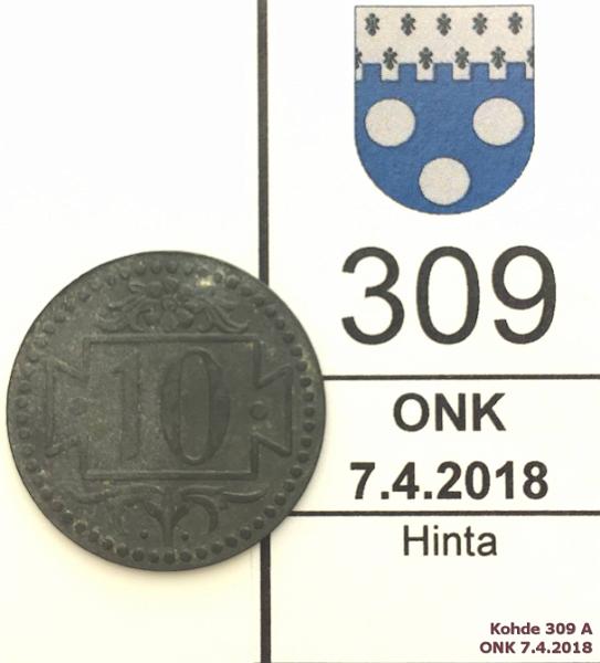 k-0309-a.jpg - Kohde 309 (kuva 1/2), lhthinta: 40 € Danzig 10 pf 1920 KM#Tn1 Zn, small "10" in cartouche, token. Harvinainen!, kunto: 5