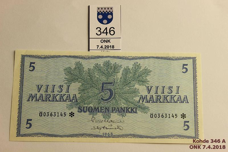 k-0346-a.jpg - Kohde 346, lhthinta: 100 € / myyntihinta: 135 € 5 mk 1963 * SNY 135.2 0363145 HET-Tr, ei lpisetelin taitteita, vaikeampi korvaava, kunto: 8