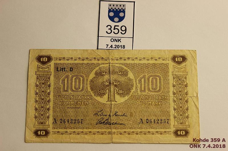 k-0359-a.jpg - Kohde 359, lhthinta: 5 € / myyntihinta: 5 € 10 mk 1939 LD SNY 144.1 A0642257 HEU-Wah, kulmakuvio I, vl 1, pitkt taiterepemt, kunto: 2