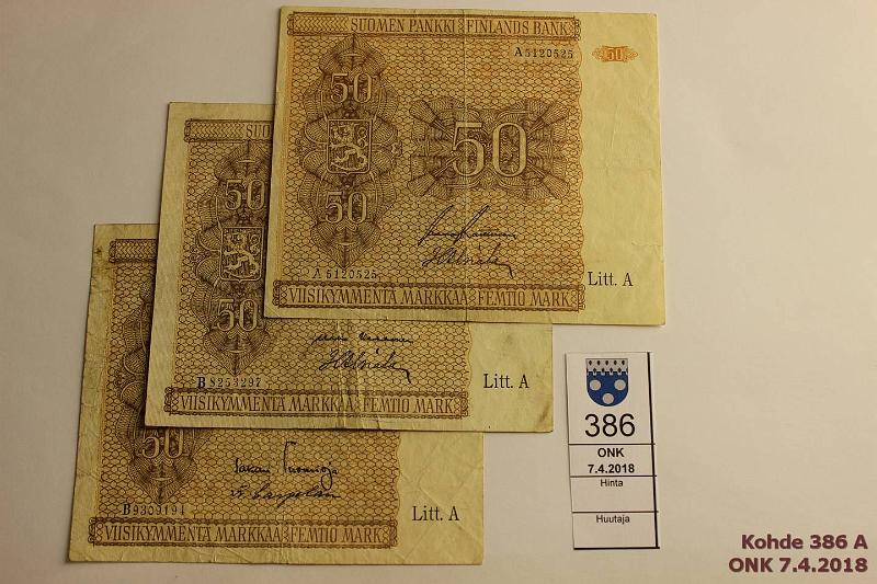 k-0386-a.jpg - Kohde 386, lhthinta: 8 € / myyntihinta: 8 € 50 mk 1945 LA (3) SNY 169.1-2. Laatta I: A..RAI-Als (1cm rep). Laatta II: B..KEK-Als (tahroja), B..TUO-Car (pehme), kunto: 3-4