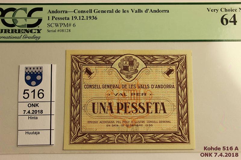 k-0516-a.jpg - Kohde 516, lhthinta: 300 € Andorra 1 pesseta 1936 P#P6 08128, PCS sertifikaatissa MS 64, kunto: 9