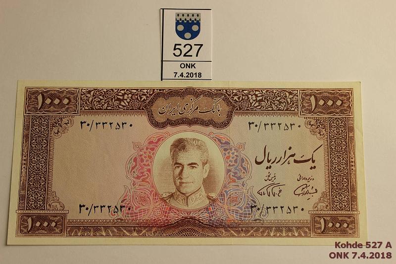 k-0527-a.jpg - Kohde 527, lhthinta: 75 € Iran 1000 r ND(1938) P#94b U.6.951721, kevyt painuma reunassa, kunto: 9