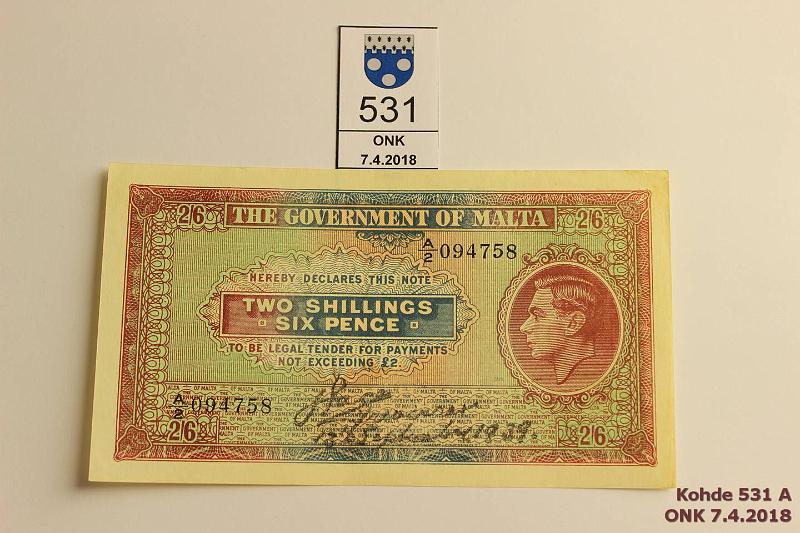 k-0531-a.jpg - Kohde 531, lhthinta: 90 € Malta 2 s 6p 1939 P#11 A/2 094758, nurkissa painumat ja yhdess taite. Yksipuolinen, kunto: 8