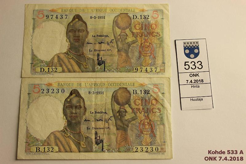 k-0533-a.jpg - Kohde 533, lhthinta: 5 € / myyntihinta: 12 € Ranska Lnsi Afrikka 5 f 1951 P#36 (2), kunto: 4, 5