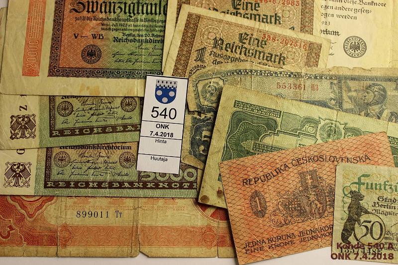 k-0540-a.jpg - Kohde 540, lhthinta: 5 € / myyntihinta: 6 € Saksa, NL, Tekkoslovakia 1919-39 (11) Tekkoslovakia 1 korona 1919; NL 3r 1934, -37, 5r-39, 500r-19; Saksa 50pf 1920, 1mk ND(2), 5000mk-22(2), 20000mk-23, kunto: 1-4