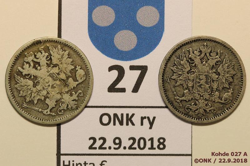 k-0027-a.jpg - Kohde 27 (kuva 1/2), lhthinta: 5 € / myyntihinta: 16 € 25 p 1872 (2) Ag, SNY 271.1 (vinoruutu ja pieni risti), kunto: 3, 3/4