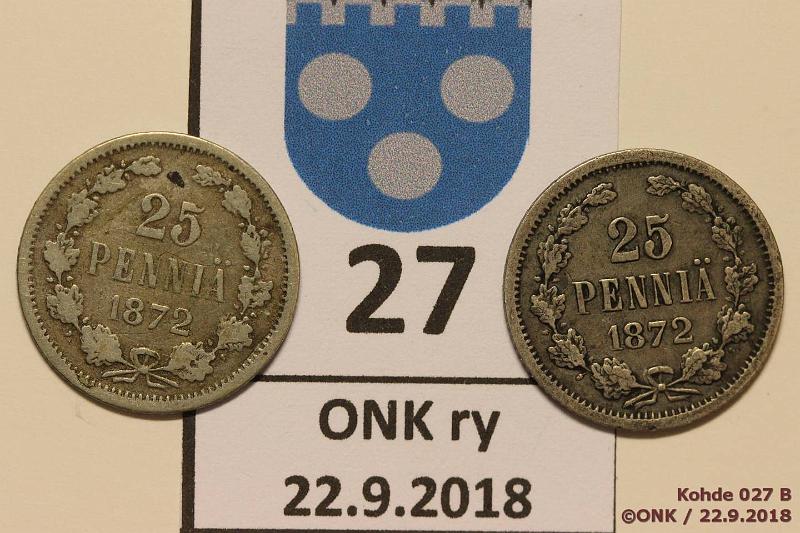 k-0027-b.jpg - Kohde 27 (kuva 2/2), lhthinta: 5 € / myyntihinta: 16 € 25 p 1872 (2) Ag, SNY 271.1 (vinoruutu ja pieni risti), kunto: 3, 3/4