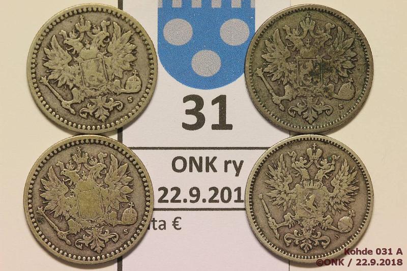 k-0031-a.jpg - Kohde 31 (kuva 1/2), lhthinta: 5 € / myyntihinta: 11 € 50 p 1865-74 (4) Ag, 1865, -71 (1 lhell), -72, -74, kunto: 3-4