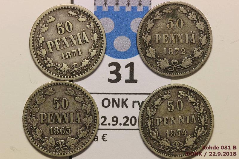 k-0031-b.jpg - Kohde 31 (kuva 2/2), lhthinta: 5 € / myyntihinta: 11 € 50 p 1865-74 (4) Ag, 1865, -71 (1 lhell), -72, -74, kunto: 3-4