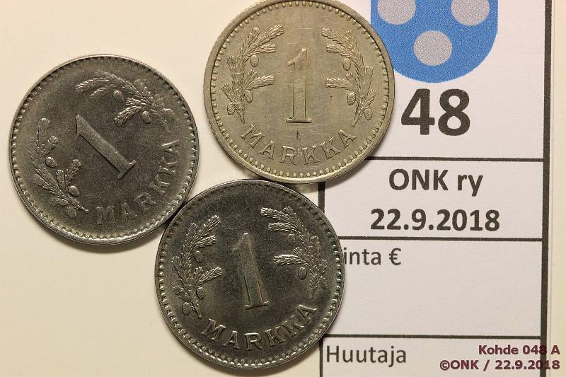 k-0048-a.jpg - Kohde 48 (kuva 1/2), lhthinta: 5 € / myyntihinta: 5 € 1 mk 1933-48 (3) CuNi 1933; Fe 1948, -49, leimakiiltoisia, kunto: 7-8