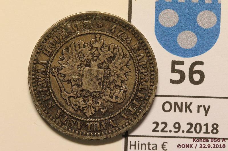 k-0056-a.jpg - Kohde 56 (kuva 1/2), lhthinta: 12 € / myyntihinta: 13 € 2 mk 1870 Ag, eprvja, patinaa, kunto: 4/5