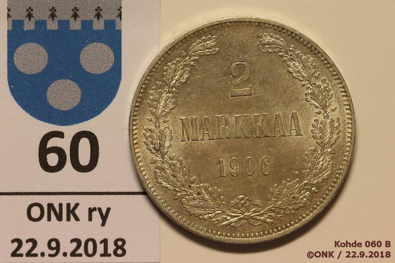 k-0060-b.jpg - Kohde 60 (kuva 2/2), lhthinta: 25 € / myyntihinta: 130 € 2 mk 1906 Ag, SNY 500.1, pitk, eprvja, erittin kaunis!, kunto: 8/9