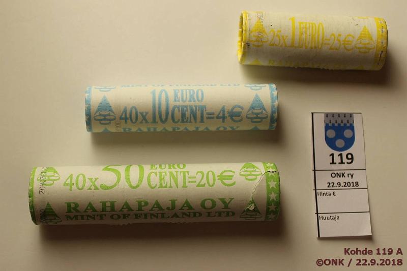 k-0119-a.jpg - Kohde 119, lhthinta: 60 € / ei tarjouksia 10 s - 1 € 2001-05 (3) Suomi 10s 2004; 50s 2001 (rep); 1€ 2005 (tahra), vl:t nkyviss, kunto: 9