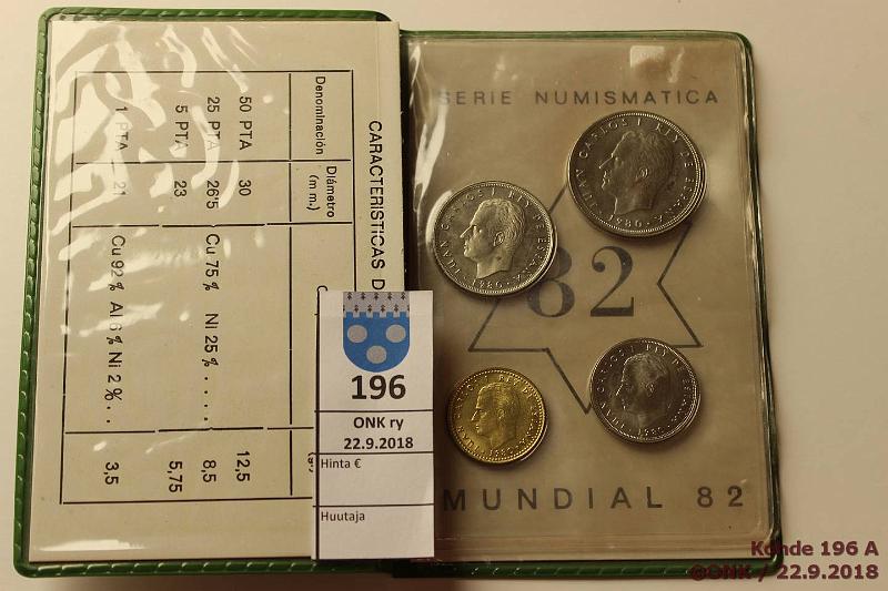 k-0196-a.jpg - Kohde 196, lhthinta: 5 € / myyntihinta: 5 € Espanja 15 p sarja 1982 Muu metalli 1, 2, 25 ja 50 pesetas Espana Mndial -pehmokansiossa, kunto: 9