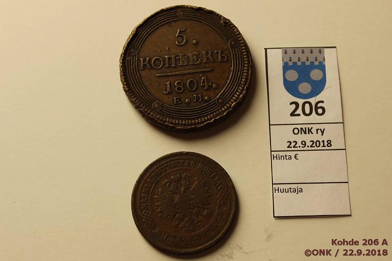 k-0206-a.jpg - Kohde 206 (kuva 1/2), lhthinta: 5 € / myyntihinta: 17 € 5 kop 1804, -75 Y#115.1, Y#12.1 Cu, ЕМ, rvja, kunto: 4, 3/4