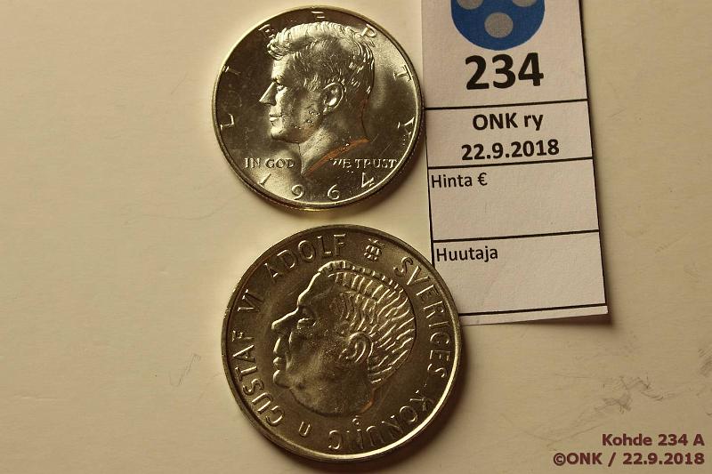 k-0234-a.jpg - Kohde 234, lhthinta: 5 € / myyntihinta: 9 € USA, Ruotsi 1964, -71 Ag, USA d Kennedy 1964, Ruotsi 5kr 1971, kunto: 9