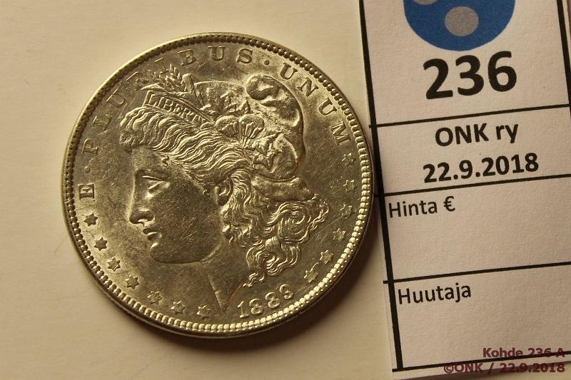 k-0236-a.jpg - Kohde 236, lhthinta: 10 € / myyntihinta: 27 € USA 1 d 1889 KM#110 Ag, Morgan dollar, kunto: 8