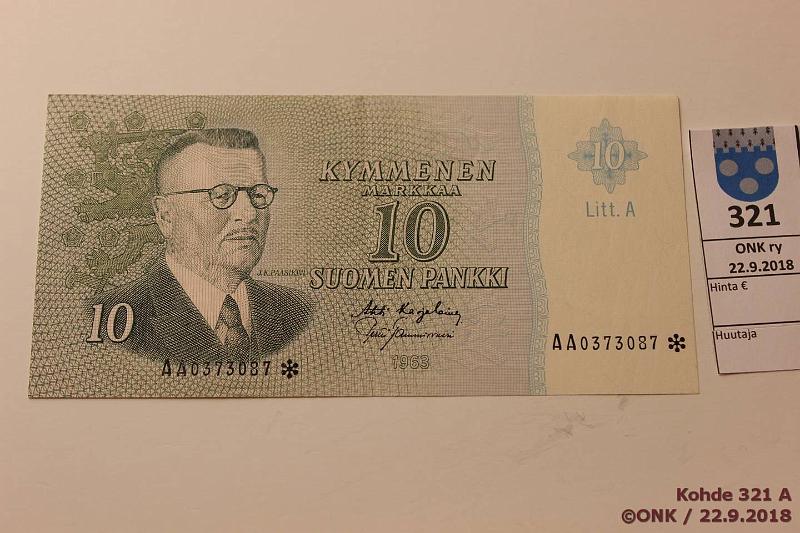 k-0321-a.jpg - Kohde 321, lhthinta: 10 € / ei tarjouksia 10 mk 1963 LA AA* SNY 146.7 AA0373087* KA I-Tam, korvaava, kunto: 7