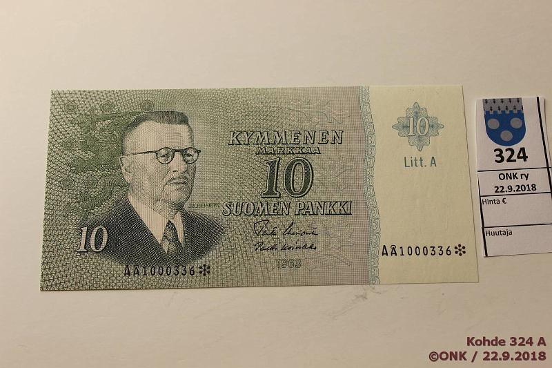 k-0324-a.jpg - Kohde 324, lhthinta: 14 € / myyntihinta: 16 € 10 mk 1963 LA A* SNY 146.7 A1000336* UUS-Ko1, korvaava, rullan jlki, kunto: 9