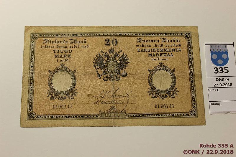 k-0335-a.jpg - Kohde 335 (kuva 1/2), lhthinta: 150 € / myyntihinta: 185 € 20 mk 1894 SNY 153.1 0196747 Charpentier-Landtman, eprep, kunto: 3