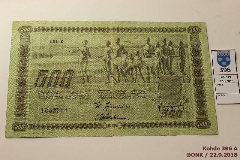 k-0396-a.jpg - Kohde 396, lhthinta: 65 € / ei tarjouksia 500 mk 1922 LC III SNY 189.6 I052714 KIV-Wah, oikealla reunarosoa, prep, kunto: 2