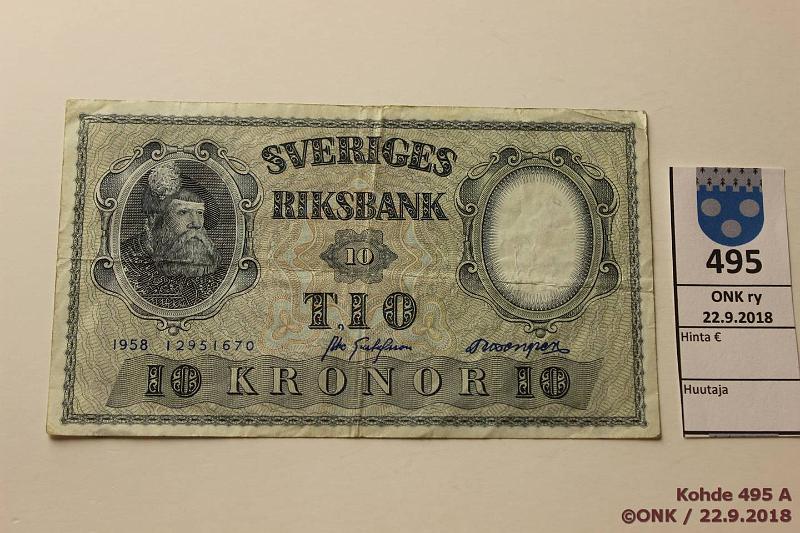 k-0495-a.jpg - Kohde 495, lhthinta: 4 € / myyntihinta: 4 € Ruotsi 10 kr 1958 P#30b 12951670, pkeskireik, kova paperi, kunto: 4