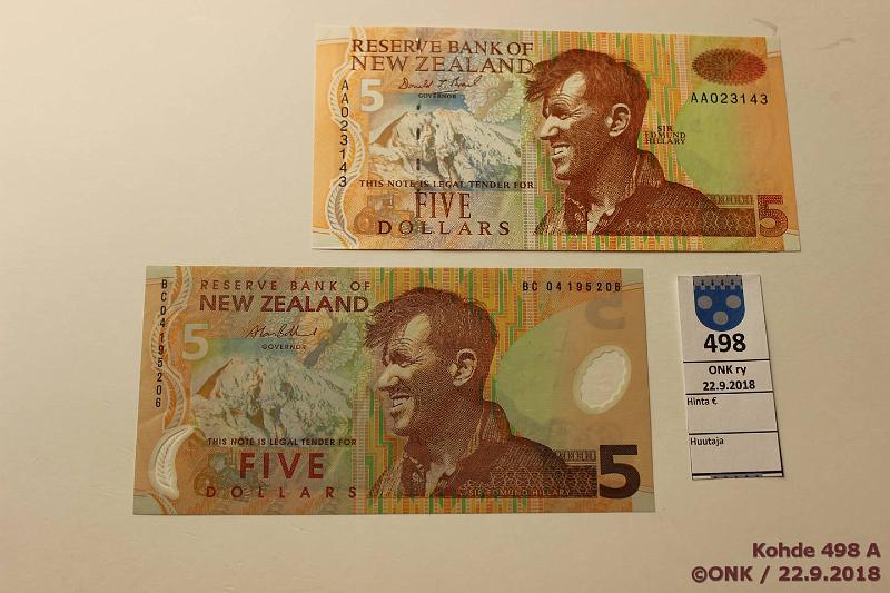 k-0498-a.jpg - Kohde 498, lhthinta: 20 € / ei tarjouksia Uusi Seelanti 5 d (2) ND P#177, 185 Sir Edmund Hillary (paperi- ja muoviseteli), kunto: 8, 7