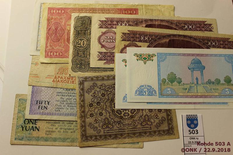 k-0503-a.jpg - Kohde 503, lhthinta: 5 € / myyntihinta: 7 € Eri maita 1920-94 (11) Uzbekistan 5s 1994(2); Itvalta-Unkari 100k 1922; Unkari 20k 1920, 100f -84(2); Puola 100z 1948; Jugoslavia 1000d 1981; Kreikka 200d 1996; Kiina FEC 0.5 ja 1y 1979, kunto: 3-7