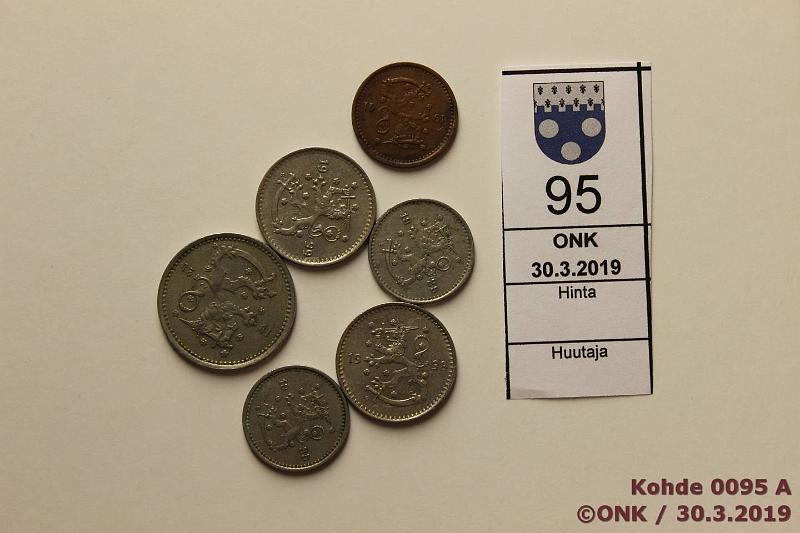 k-0095-a.jpg - Kohde 95, lhthinta: 5 € / myyntihinta: 5 € 50 p1 mk 192141 (6) CuNi/Cu, 50p 1929, -35 (kl5), 1941 Cu ehj ksivarsi (hpja kl5); 1mk 1921(kl5), -38(hjna kl8), -39(kl7), kunto: 5-8