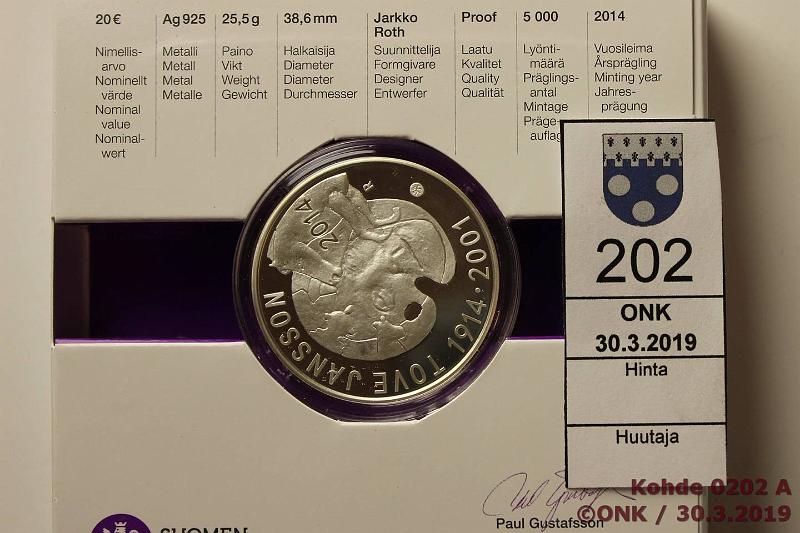 k-0202-a.jpg - Kohde 202, lhthinta: 30 € / myyntihinta: 38 € 20 € 2014 Ag, proof, Jansson, laatikko, kaps, tod, kunto: 10