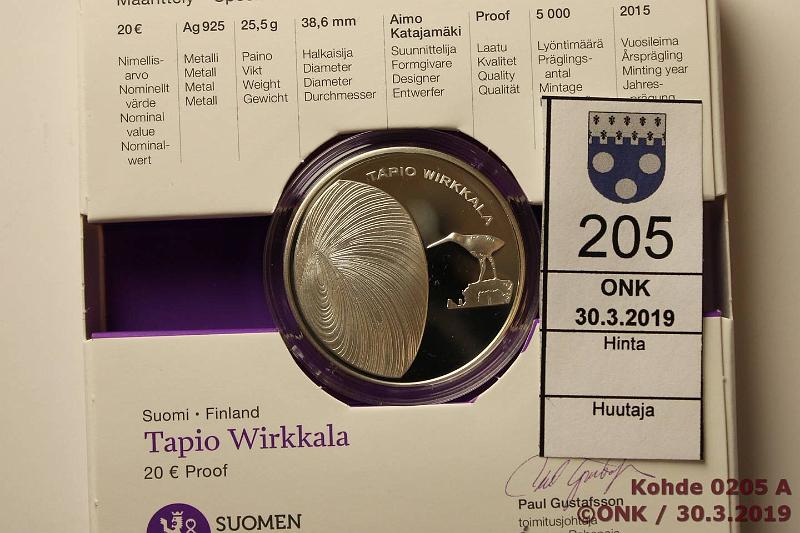 k-0205-a.jpg - Kohde 205, lhthinta: 30 € / myyntihinta: 40 € 20 € 2015 Ag, proof, Wirkkala, laatikko, kaps, tod, kunto: 10