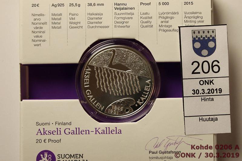 k-0206-a.jpg - Kohde 206, lhthinta: 30 € / myyntihinta: 40 € 20 € 2015 Ag, proof, Gallen-Kallela, laatikko, kaps, tod, kunto: 10