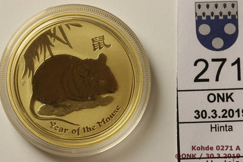 k-0271-a.jpg - Kohde 271, lhthinta: 1050 € / myyntihinta: 1210 € Australia 100 d 2008 KM#1907 Au, proof, 31,1g/999 (unssi kultaa). Year of rat, kaps., kunto: 10