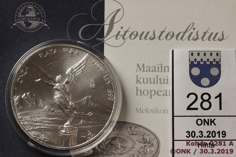 k-0281-a.jpg - Kohde 281, lhthinta: 10 € / myyntihinta: 17 € Meksiko 2009 KM#494 Ag, 31,10g/999. Libertad, 1 Troy ounce of silver, kaps, tod, kunto: 9