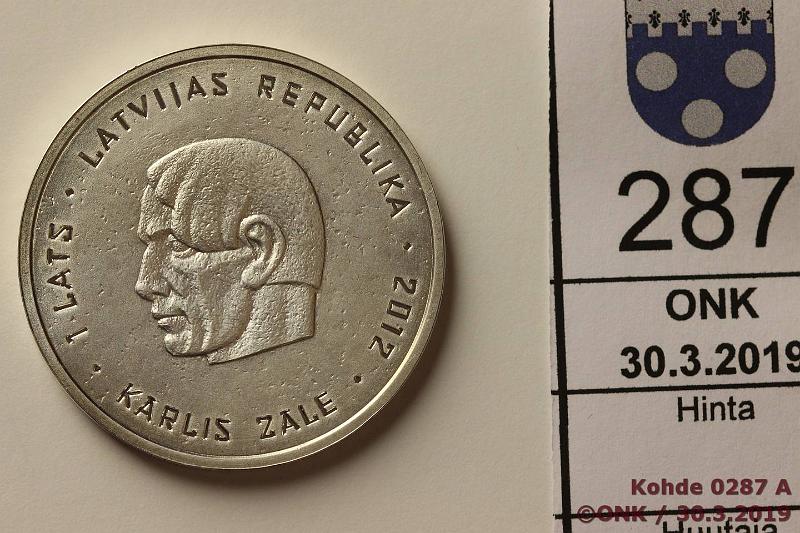 k-0287-a.jpg - Kohde 287, lhthinta: 10 € / myyntihinta: 21 € Latvia 1 lats 2012 KM#132 Ag, proof, 22g/925. Karlis Zale, kunto: 10