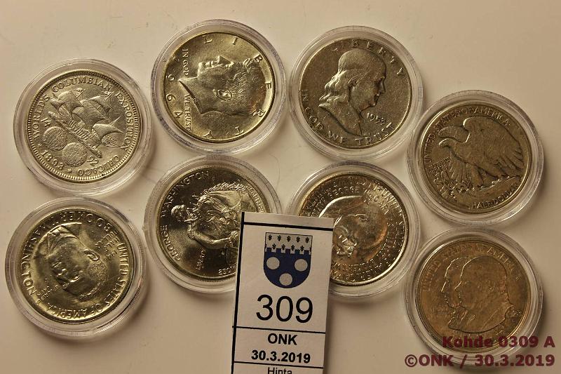 k-0309-a.jpg - Kohde 309, lhthinta: 25 € / myyntihinta: 42 € USA  $ 18931982 (8) Ag, 1893 Columbian expo, 1923 Monroe, -42 Liberty, -46 Booker T, -52 Carver, -53 Franklin, -64 Kennedy, -82 Washington. Kapseleissa, kunto: 3-9