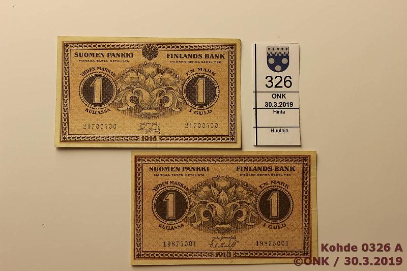 k-0326-a.jpg - Kohde 326, lhthinta: 5 € / myyntihinta: 7 € 1 mk 1916, -18 SNY 112.2b, 113, 21700500 JR-His; 19875001 JR-The, kunto: 6