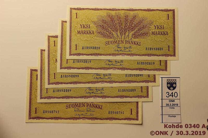 k-0340-a.jpg - Kohde 340, lhthinta: 3 € / myyntihinta: 3 € 1 mk 1963 (5) SNY 114.1, AI sarja KO I-Tr, 2 perkk. paria kl9-10, ..RO I-Tr kl7, kunto: 7, 9