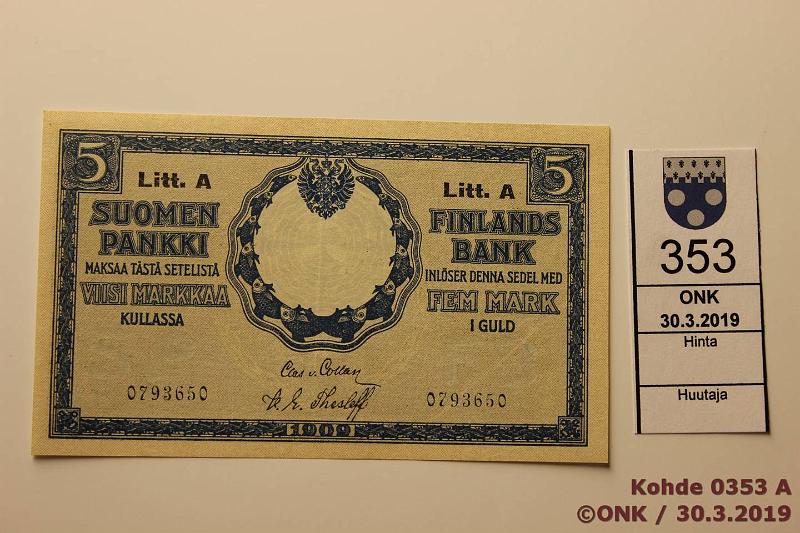 k-0353-a.jpg - Kohde 353, lhthinta: 35 € / myyntihinta: 46 € 5 mk 1909 LA SNY 130.10, 0793650 COL-The, vesileimalla. Keski- ja kulmataitteet, sil?, kunto: 7