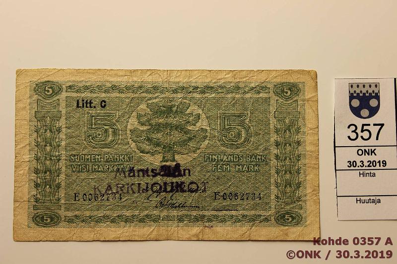 k-0357-a.jpg - Kohde 357, lhthinta: 50 € / myyntihinta: 50 € 5 mk 1922 LC SNY 132.4, E0062734 KAL-Wah. Ryppyj, keskireik. Leimattu: Mntsln Krkijoukot!, kunto: 2