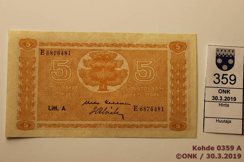 k-0359-a.jpg - Kohde 359, lhthinta: 12 € / myyntihinta: 14 € 5 mk 1945 LA SNY 134.1, E6876481 KEK-Als, vhisi painumia reunassa, kunto: 8