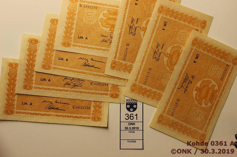 k-0361-a.jpg - Kohde 361, lhthinta: 50 € / myyntihinta: 60 € 5 mk 1945 LA (7) SNY 134.1, C..KEK-Wah, RAI-AAs; D..KEK-Wah, TUO-AAs (3), KIV-Als, kunto: 8