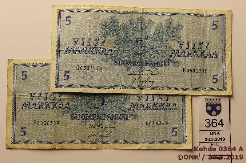 k-0364-a.jpg - Kohde 364, lhthinta: 18 € / ei tarjouksia 5 mk 1963 (2) SNY 135.1, vaikeat alkupn sarjat F..KA I-AAs, G.. RO I-Eng, kunto: 3