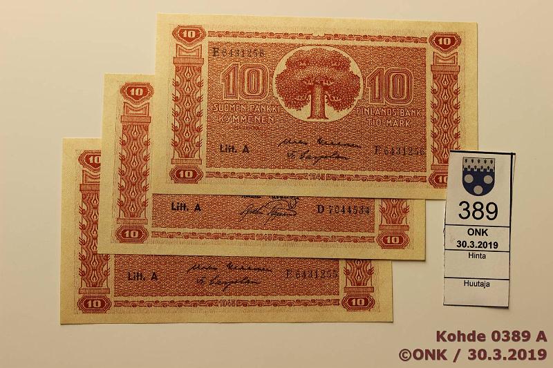 k-0389-a.jpg - Kohde 389, lhthinta: 20 € / myyntihinta: 29 € 10 mk 1945 LA (3) SNY 145.1, D..TUO-AAs, E..KEK-Car(2), kunto: 8-9