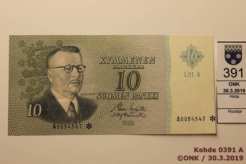 k-0391-a.jpg - Kohde 391, lhthinta: 150 € / myyntihinta: 150 € 10 mk 1963 LA A* SNY 146.7, A0054547* KO I-Tr, paperivikoja, painumia, sivuun leikattu, ei lpi setelin taitetta, korvaava, kunto: 8