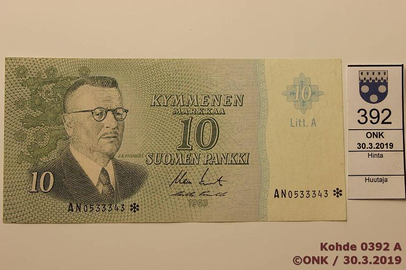 k-0392-a.jpg - Kohde 392, lhthinta: 8 € / myyntihinta: 8 € 10 mk 1963 LA AN* SNY 146.7, AN0533343*, KO II-Pu1, sil(?), korvaava, kunto: 4